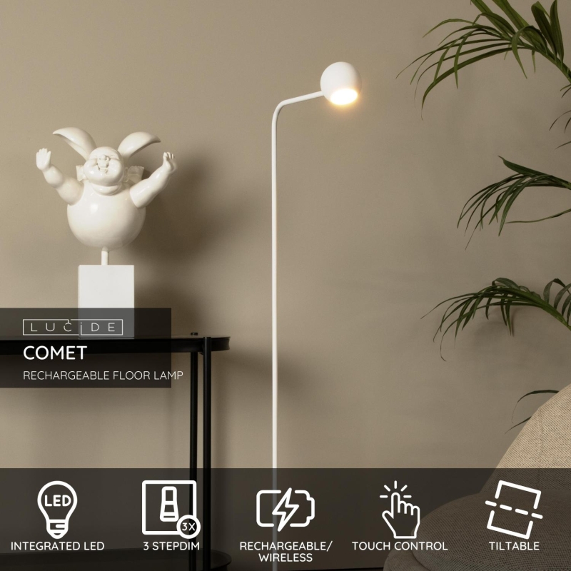 Lucide COMET - Nabíjacia stojaca lampa - Batéria - LED Dim. - 1x3W 2700K - 3 StepDim - Biela